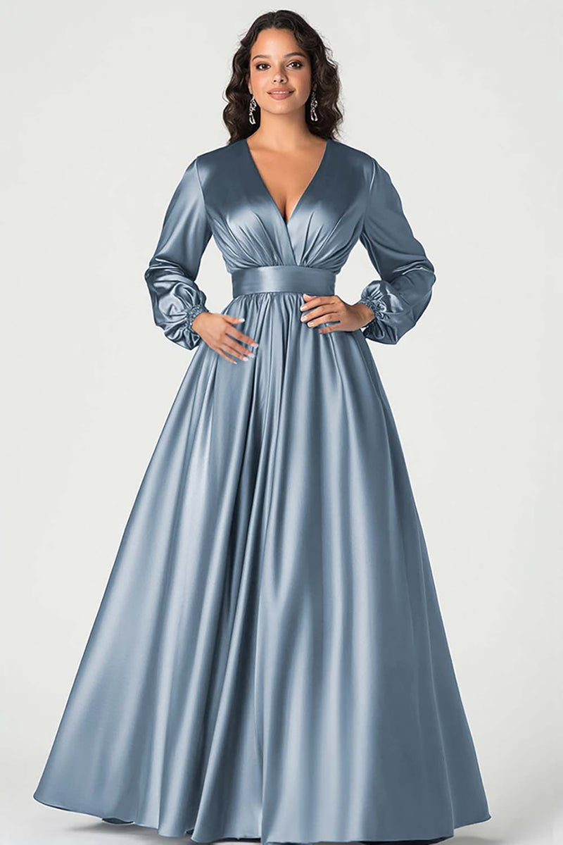 Load image into Gallery viewer, Dark Navy Satin V-Neck Mother of the Bride Dress with Long Sleeves