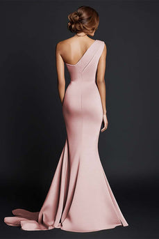 One Shouder Dusty Rose Mermaid Long Satin Formal Dress