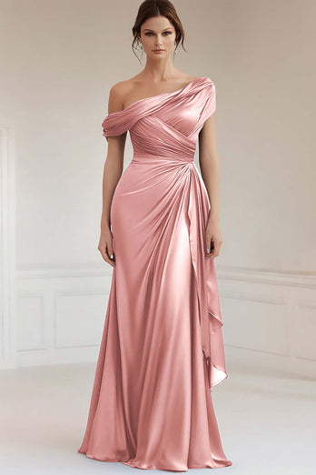 Dusty Rose Asymmetrical Ruched Satin Mother of the Bride Dress