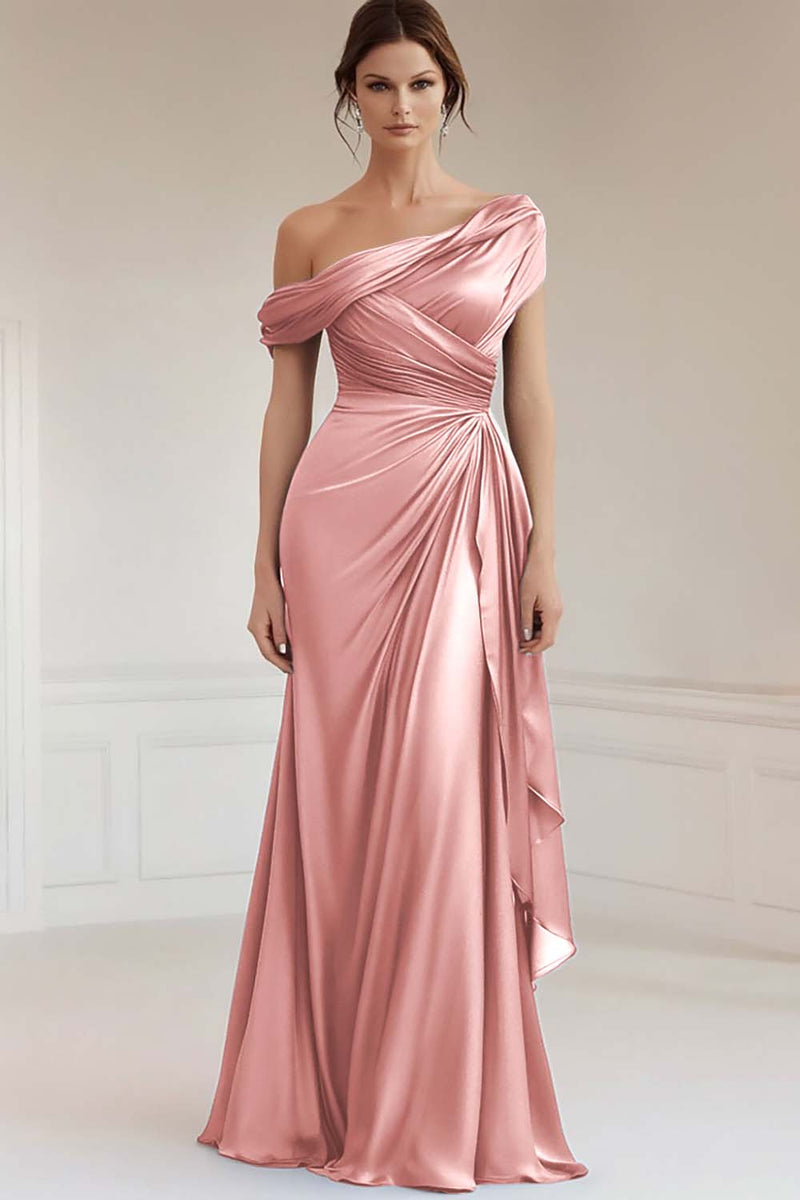 Load image into Gallery viewer, Dusty Rose Asymmetrical Ruched Satin Mother of the Bride Dress