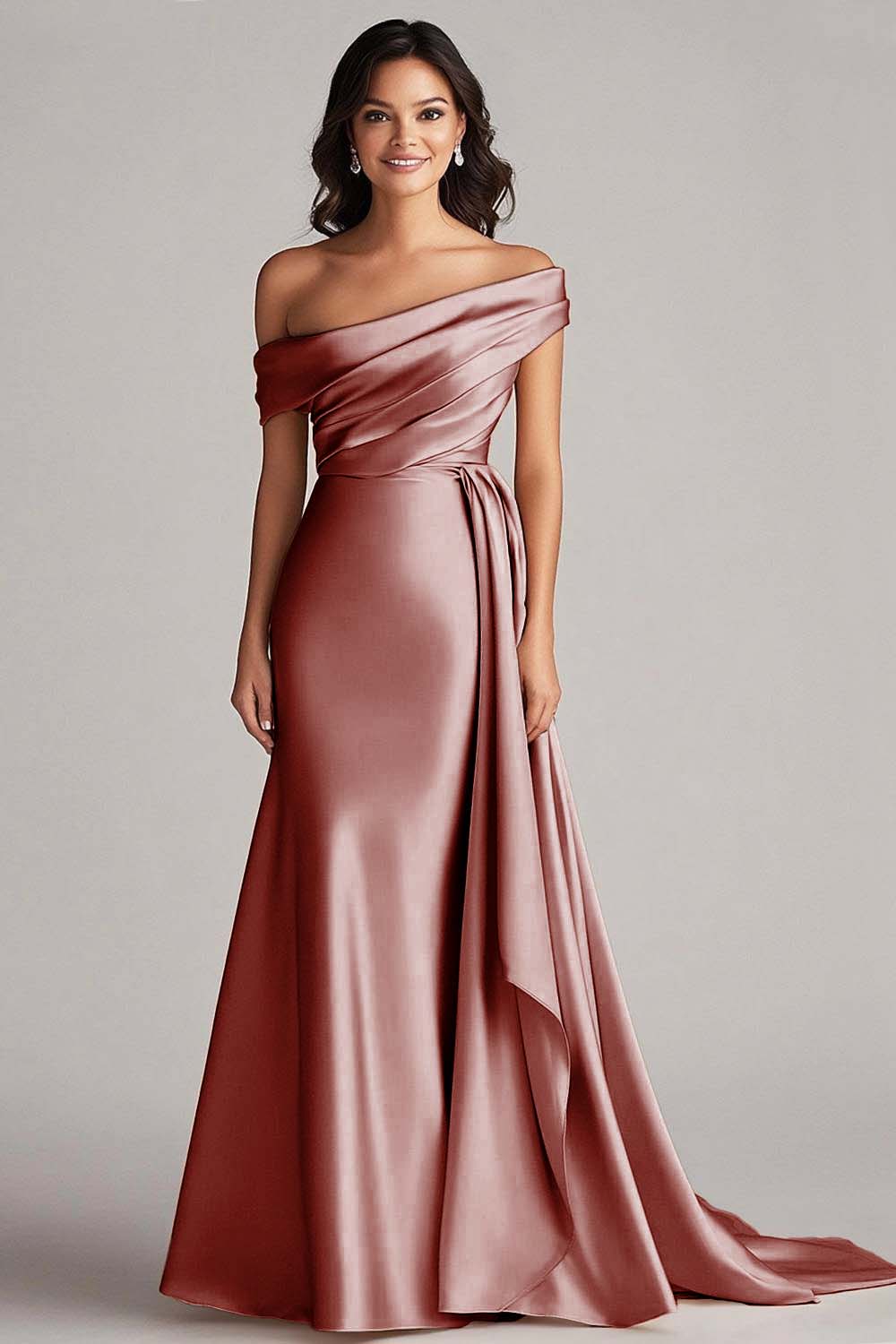 Off the Shoulder Desert Rose Formal Dress with Side Cape