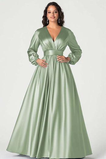 Dusty Sage Long Sleeves Satin V-Neck Mother of the Bride Dress