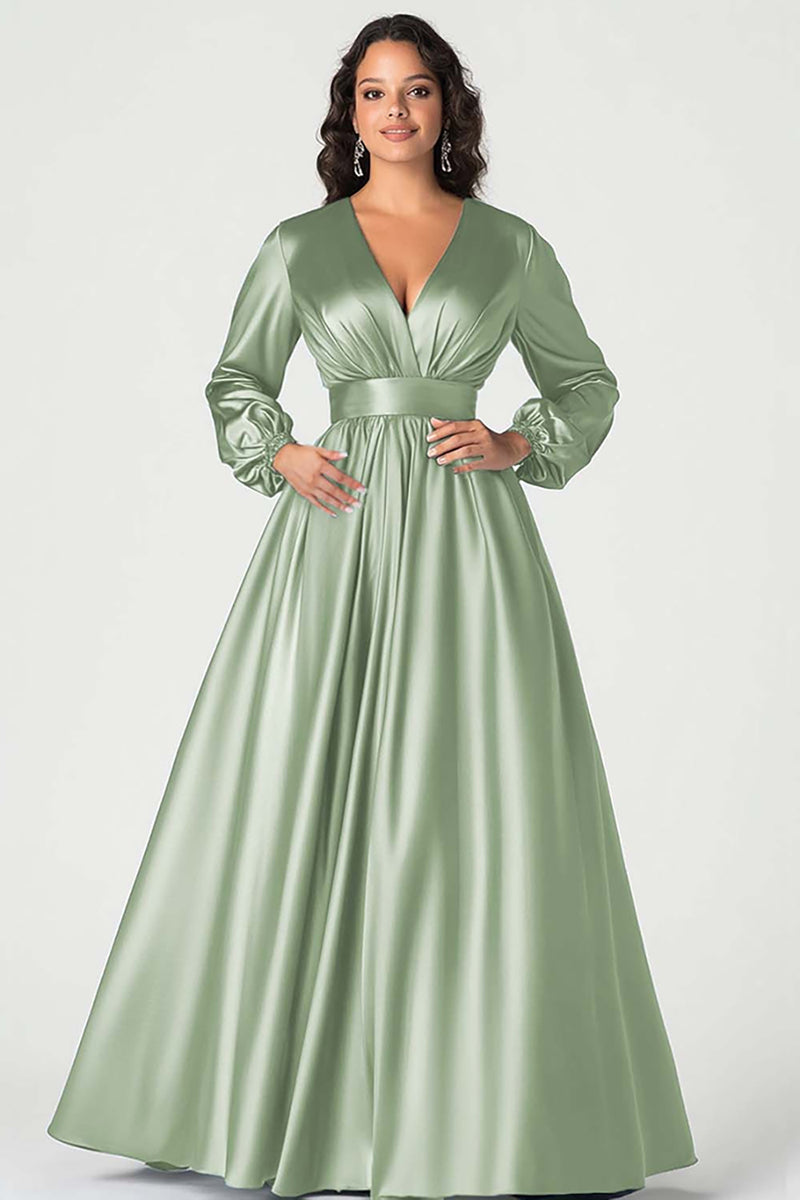 Load image into Gallery viewer, Dusty Sage Long Sleeves Satin V-Neck Mother of the Bride Dress