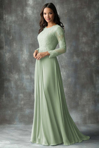 Dark Green Floral Pleated Mother of the Bride Dress with Lace