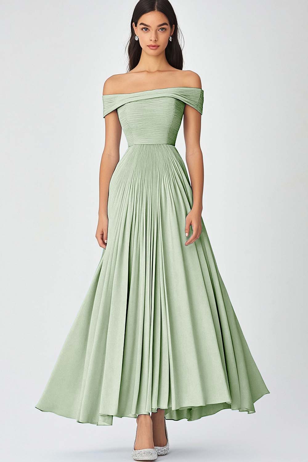 Dusty Sage Off the Shoulder A Line Chiffon Long Formal Dress