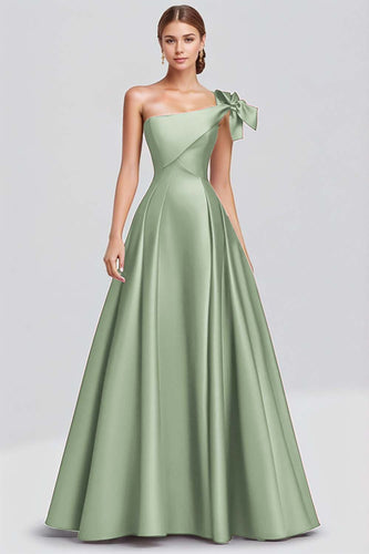 Ball Gown Dusty Sage One Shoulder Satin Long Formal Dress