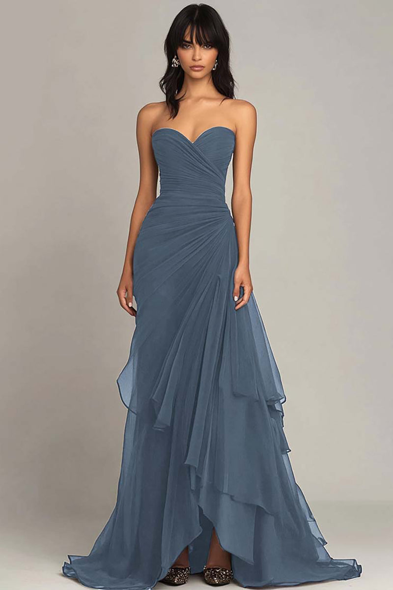 Load image into Gallery viewer, Strapless Dark Brown Sheath Tiered Long Chiffon Formal Dress