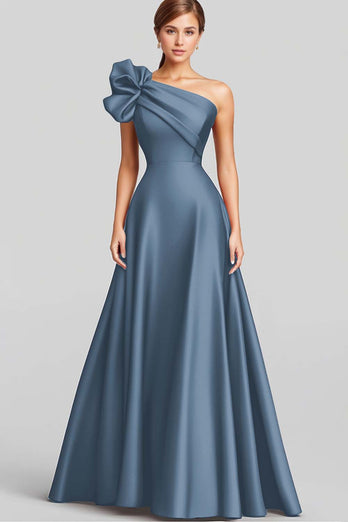 Navy One Shoulder A Line Satin Long Formal Dress