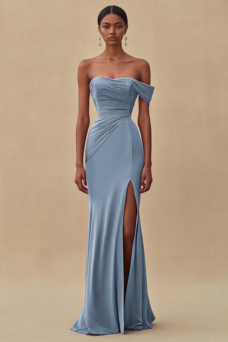 Load image into Gallery viewer, Purple Chiffon Off the Shoulder Ruched Long Formal Dress with Slit