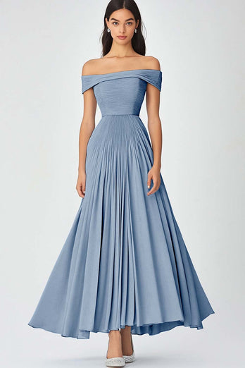 Sky Blue Off the Shoulder A Line Chiffon Long Formal Dress