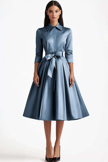 Blue Collar Neck Satin Tea Length Formal Dress with Bow