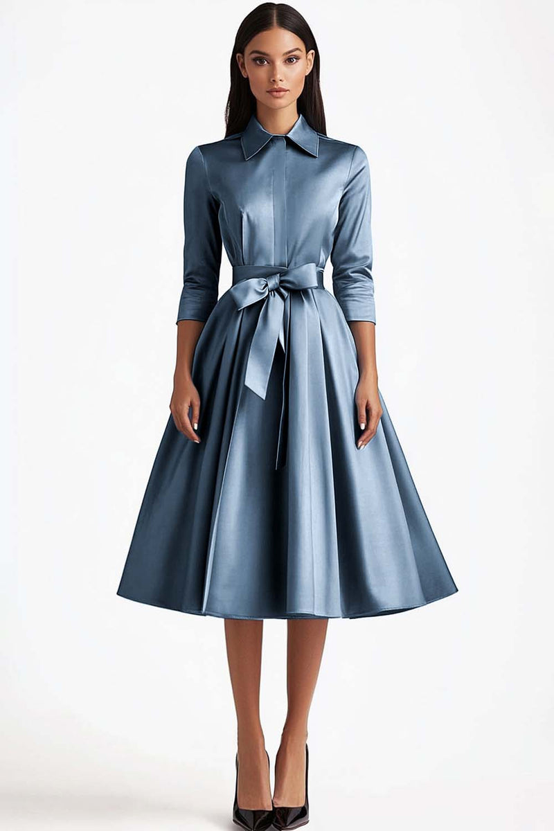 Load image into Gallery viewer, Blue Collar Neck Satin Tea Length Formal Dress with Bow