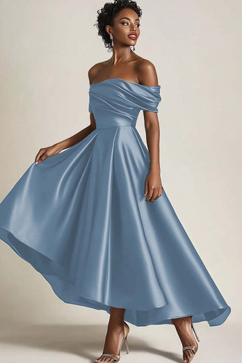 Queendancer Women Wedding Guest Dress Elegant Dusty Blue Satin Mother of the Bride Dress Off the Shoulder Asymmetrical A Line Mother of the Groom Dress