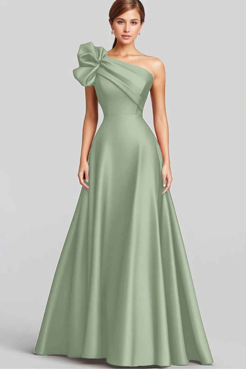 Load image into Gallery viewer, Navy One Shoulder A Line Satin Long Formal Dress