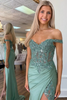 Load image into Gallery viewer, Sparkly Green Off The Shoulder Mermaid Corset Long Prom Dress with Slit