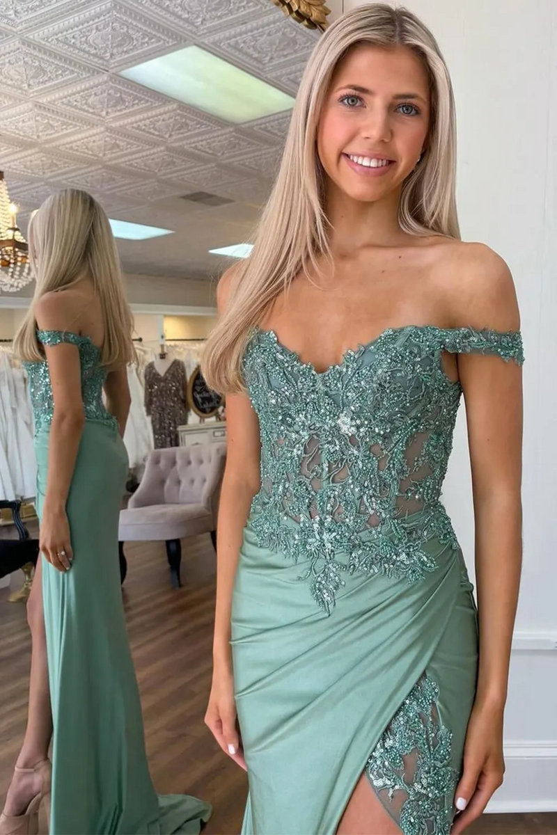 Load image into Gallery viewer, Sparkly Green Off The Shoulder Mermaid Corset Long Prom Dress with Slit