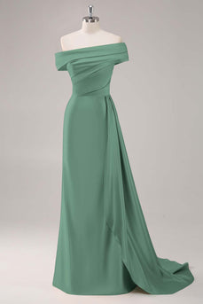 Elegant Off the Shoulder Eucalyptus Long Formal Dress with Side Cape