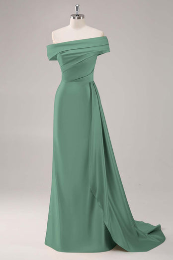 Elegant Off the Shoulder Eucalyptus Long Formal Dress with Side Cape