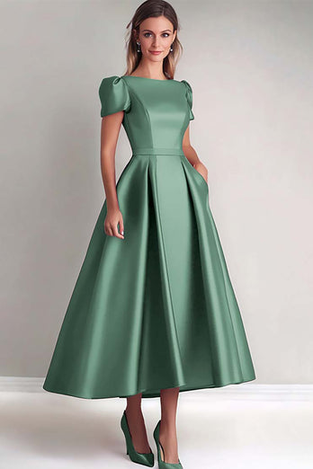 A Line Gold Puff Sleeves Satin Mother of the Bride Dress