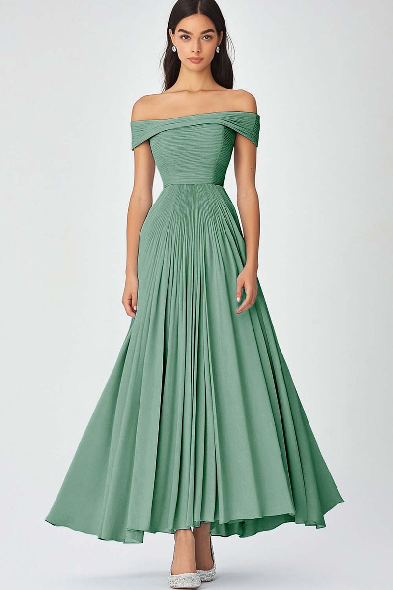 Load image into Gallery viewer, Dusty Sage Off the Shoulder A Line Chiffon Long Formal Dress