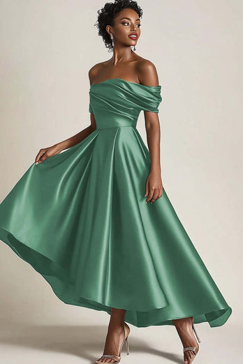 Queendancer Women Wedding Guest Dress Elegant Ecalyptus Satin Mother of the Bride Dress Off the Shoulder Asymmetrical A Line Mother of the Groom Dress