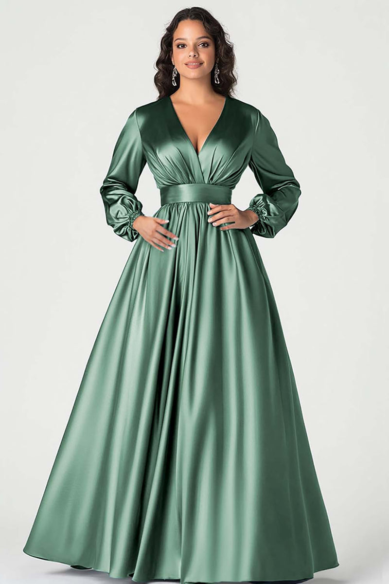 Load image into Gallery viewer, Dusty Sage Long Sleeves Satin V-Neck Mother of the Bride Dress