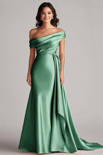 Off the Shoulder Eucalyptus Long Formal Dress with Side Cape