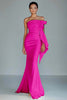 Load image into Gallery viewer, Queendancer Women Fuchsia Satin Formal Dress with Slit Sheath Strapless Ruched Long Evening Dress