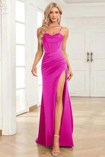 Fuchsia Mermaid Spaghetti Straps Satin Prom Dress with Slit Front