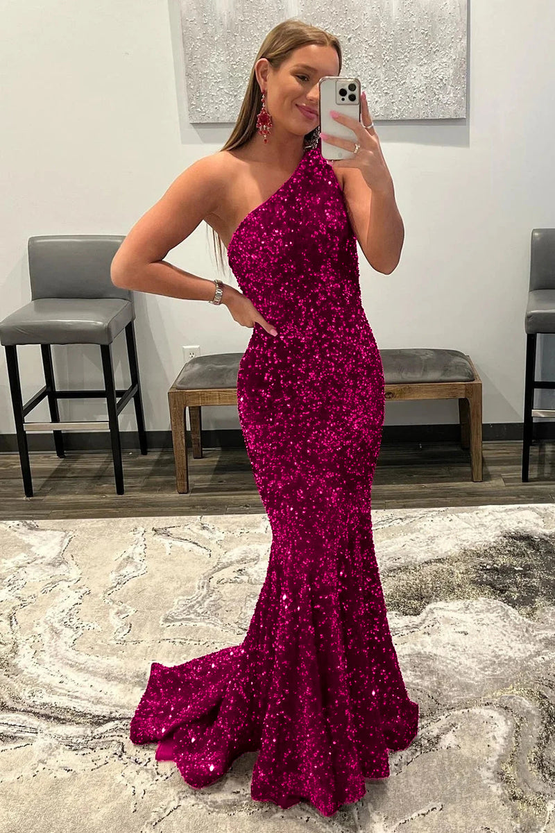 Load image into Gallery viewer, Coral Sequins One Shoulder Mermaid Long Prom Dress