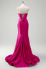 Load image into Gallery viewer, Sparkly Fuchsia Corset Beaded Long Satin Prom Dress with Slit