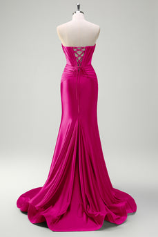 Sparkly Fuchsia Corset Beaded Long Satin Prom Dress with Slit