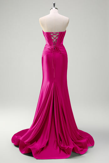 Sparkly Fuchsia Corset Beaded Long Satin Prom Dress with Slit