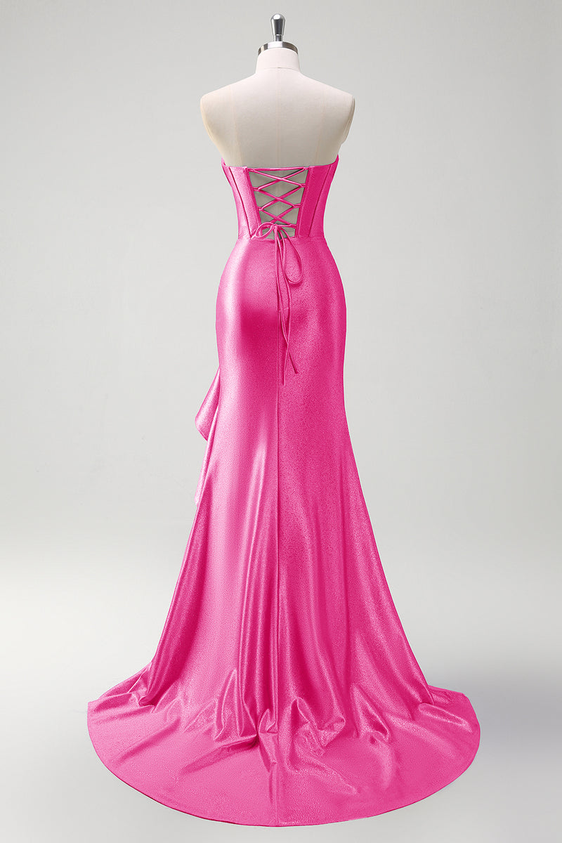 Load image into Gallery viewer, Sparkly Fuchsia Corset Long Satin Prom Dress with Ruffles Slit