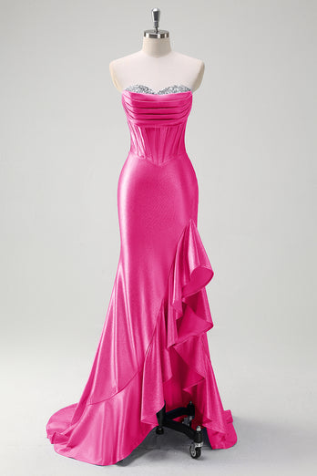 Sparkly Fuchsia Corset Long Satin Prom Dress with Ruffles Slit