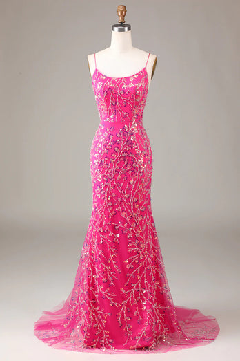 Sparkly Fuchsia Long Appliqued Beaded Prom Dress