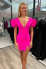 Load image into Gallery viewer, Fuchsia V-Neck Tight Short Homecoming Dress With Short Sleeves