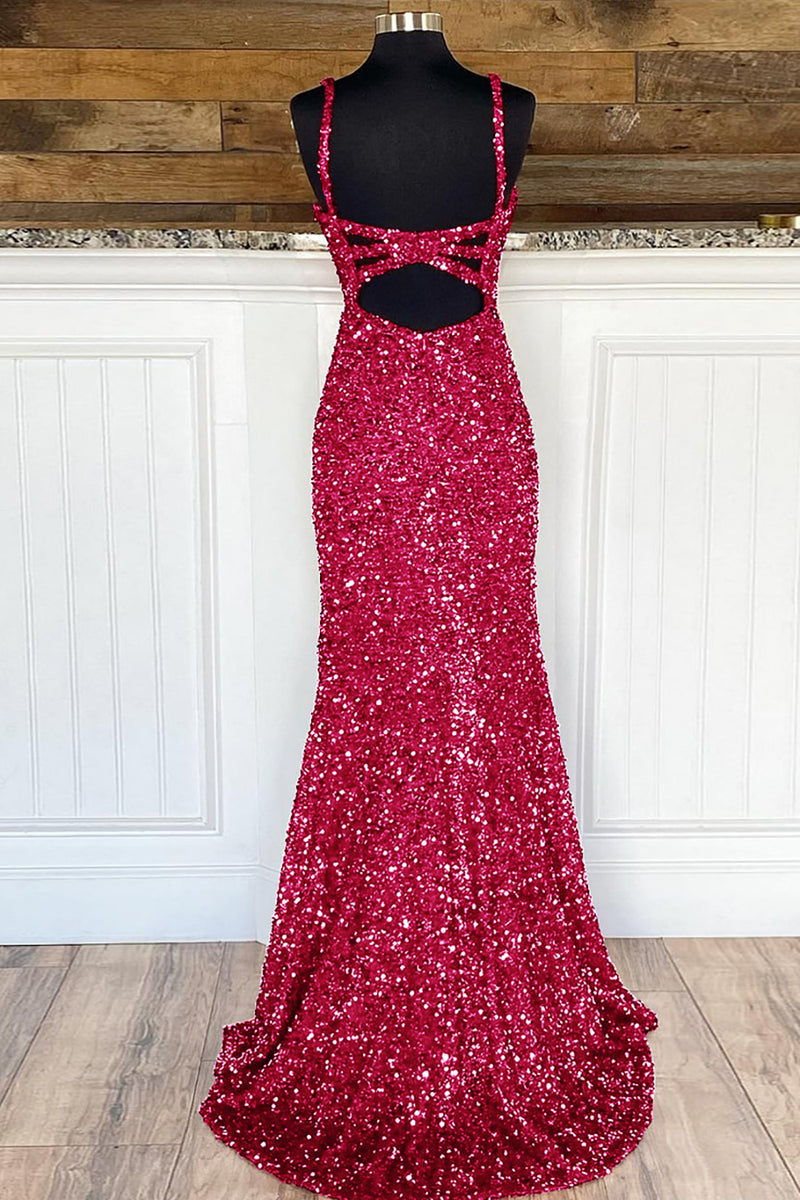 Load image into Gallery viewer, Sheath Spaghetti Straps Red Sequins Prom Dress with Split Front