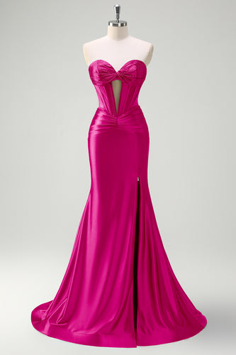 Sparkly Fuchsia Corset Beaded Long Satin Prom Dress with Slit