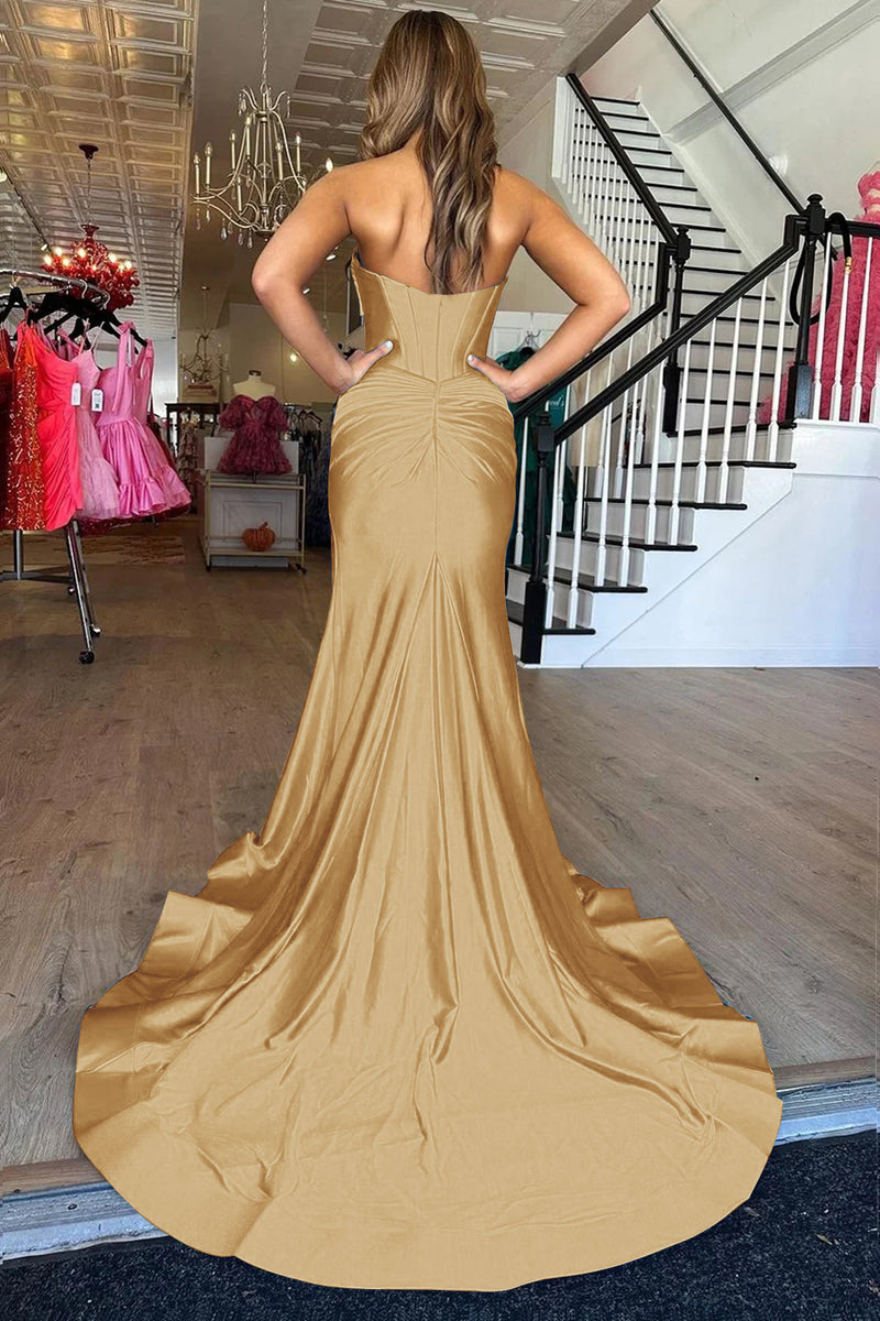 Load image into Gallery viewer, Gold Mermaid Sweetheart Long Prom Dress with Slit