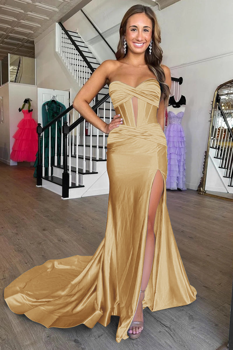 Load image into Gallery viewer, Gold Mermaid Sweetheart Long Prom Dress with Slit