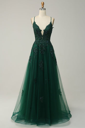 A Line Spaghetti Straps Dark Green Long Prom Dress with Appliques