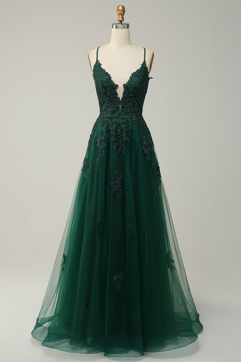 Load image into Gallery viewer, A Line Spaghetti Straps Dark Green Long Prom Dress with Appliques