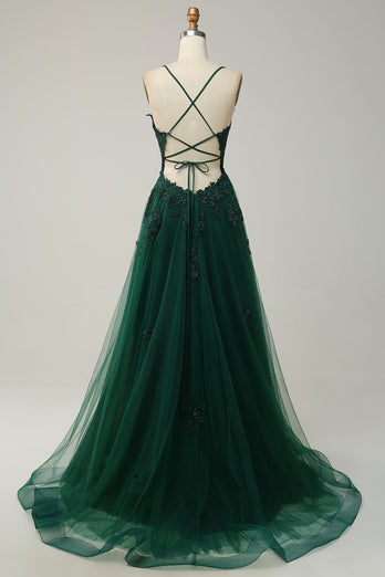 A Line Spaghetti Straps Dark Green Long Prom Dress with Appliques