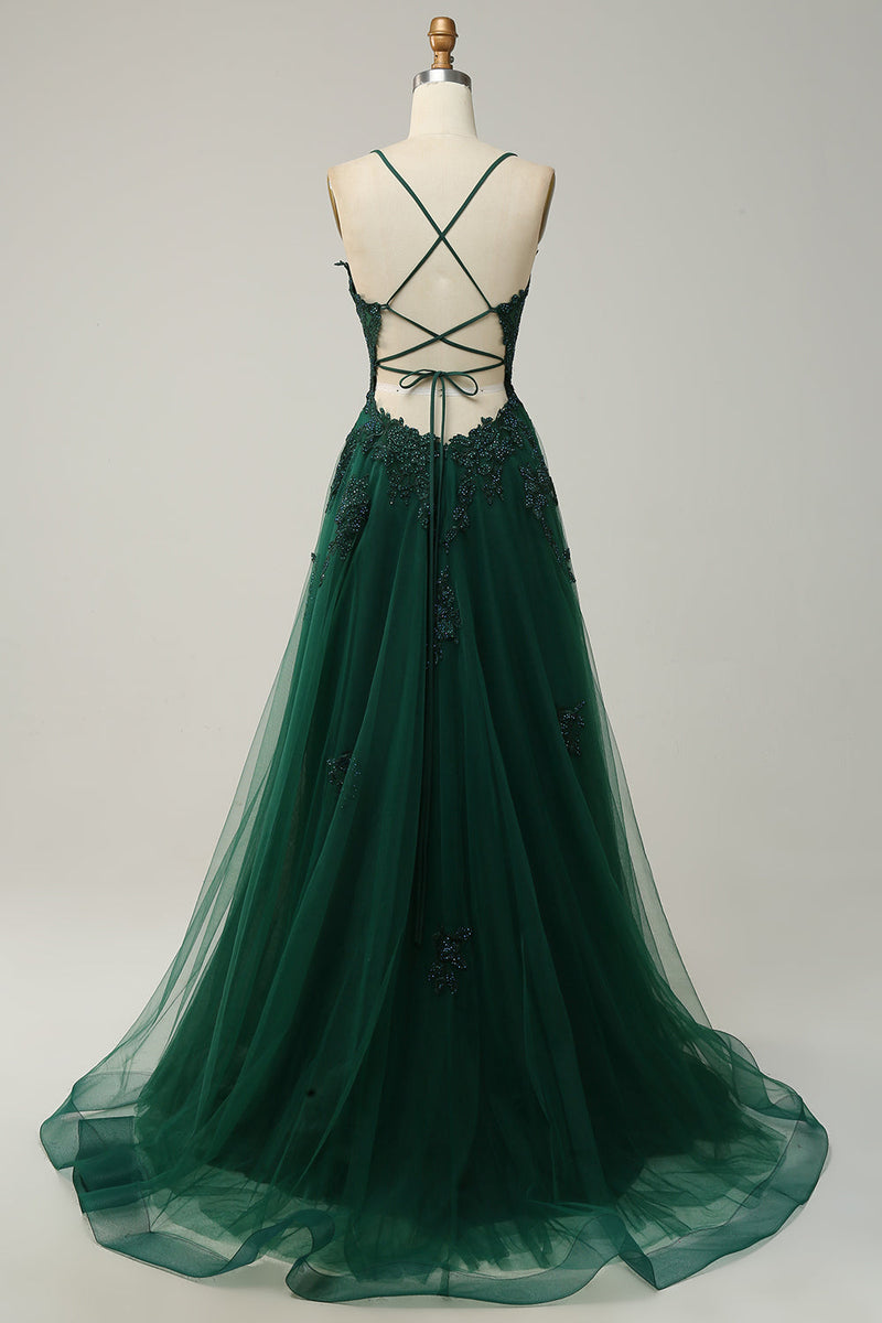 Load image into Gallery viewer, A Line Spaghetti Straps Dark Green Long Prom Dress with Appliques