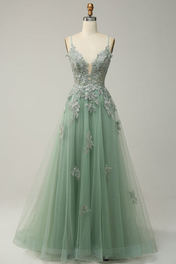 A Line Spaghetti Straps Dark Green Long Prom Dress with Appliques