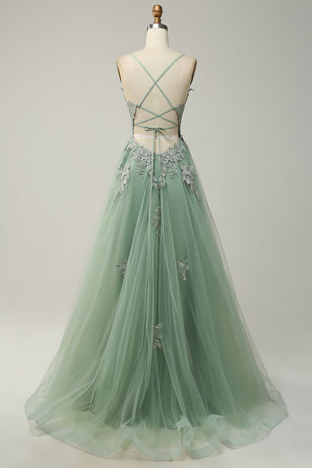 A Line Spaghetti Straps Dark Green Long Prom Dress with Appliques