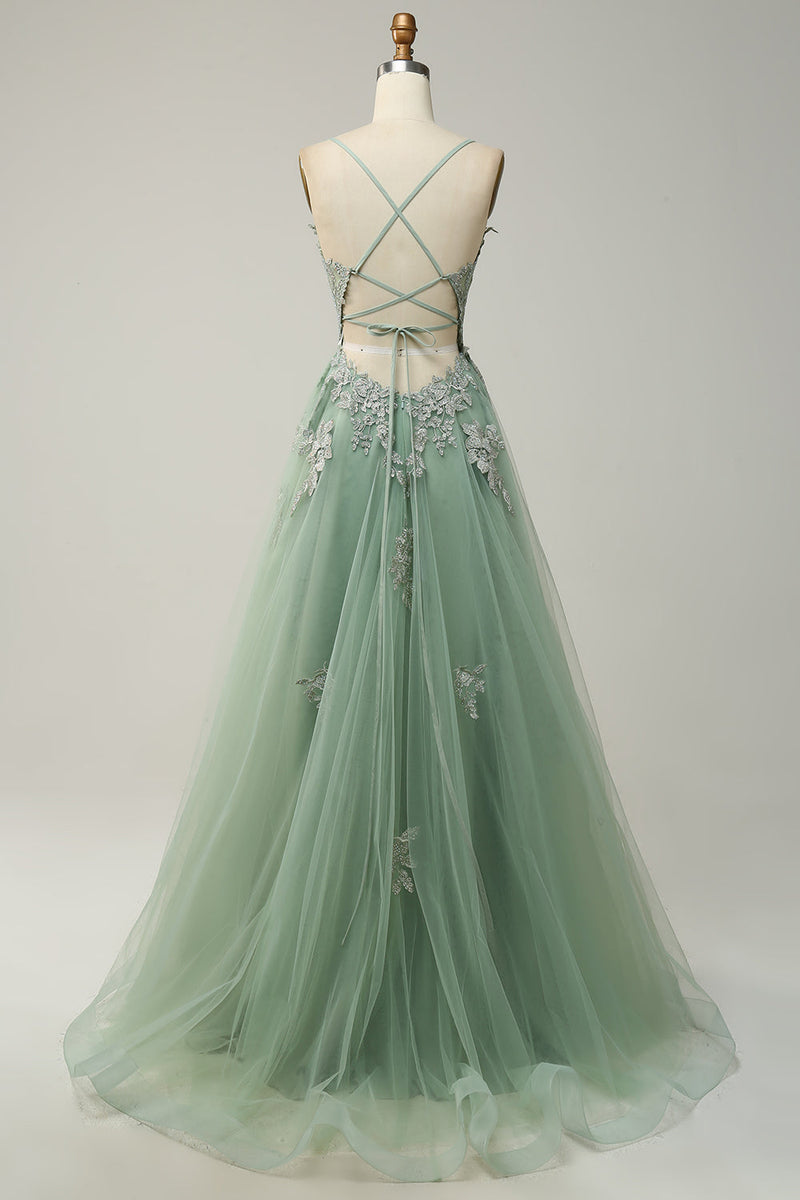 Load image into Gallery viewer, A Line Spaghetti Straps Dark Green Long Prom Dress with Appliques