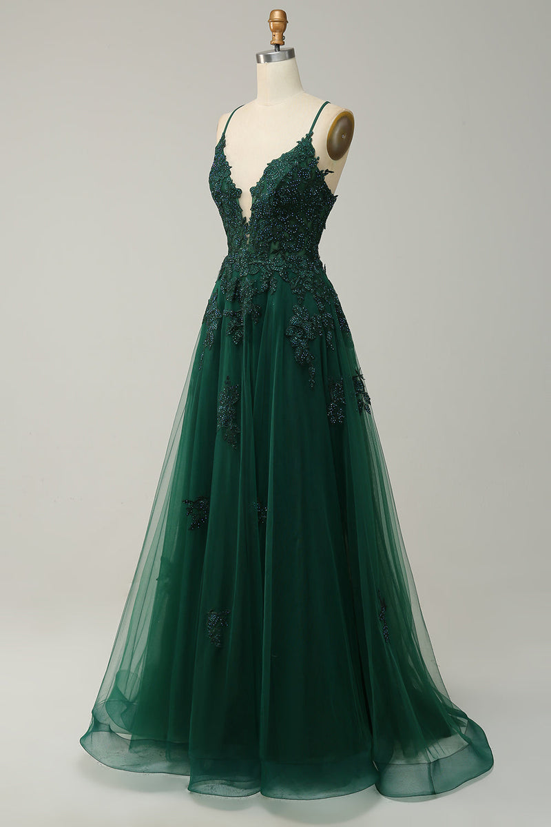 Load image into Gallery viewer, A Line Spaghetti Straps Dark Green Long Prom Dress with Appliques