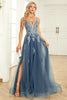 Load image into Gallery viewer, A Line Spaghetti Straps Grey Blue Long Prom Dress with Appliques